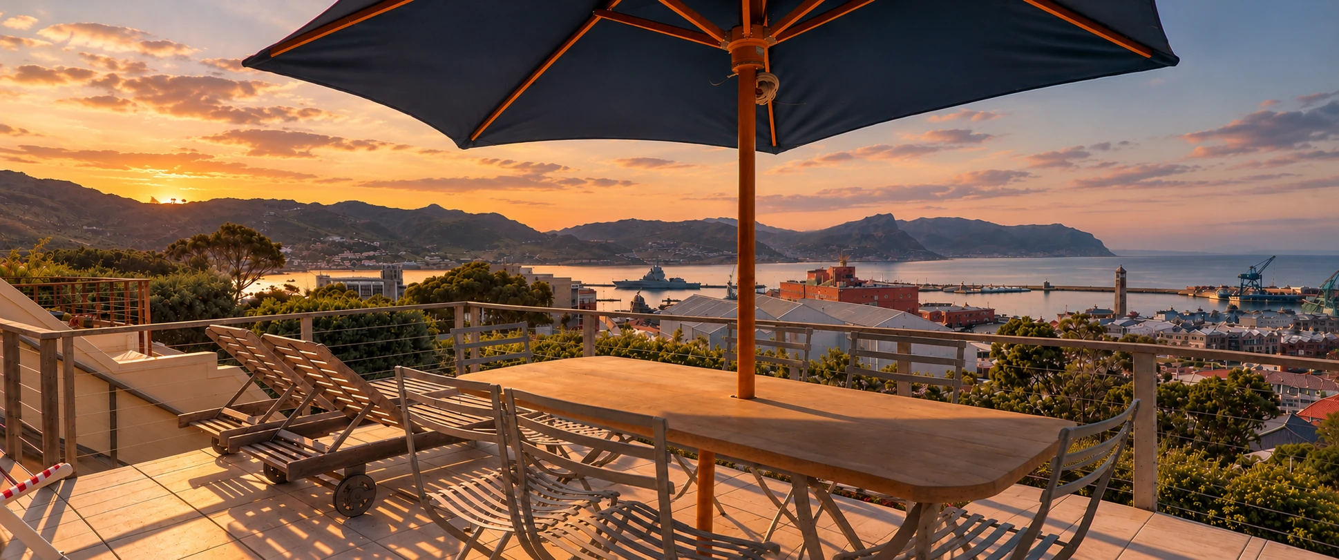 Chiduku terrace with loungers, table, blue umbrella, Simon's Town harbour and mountains